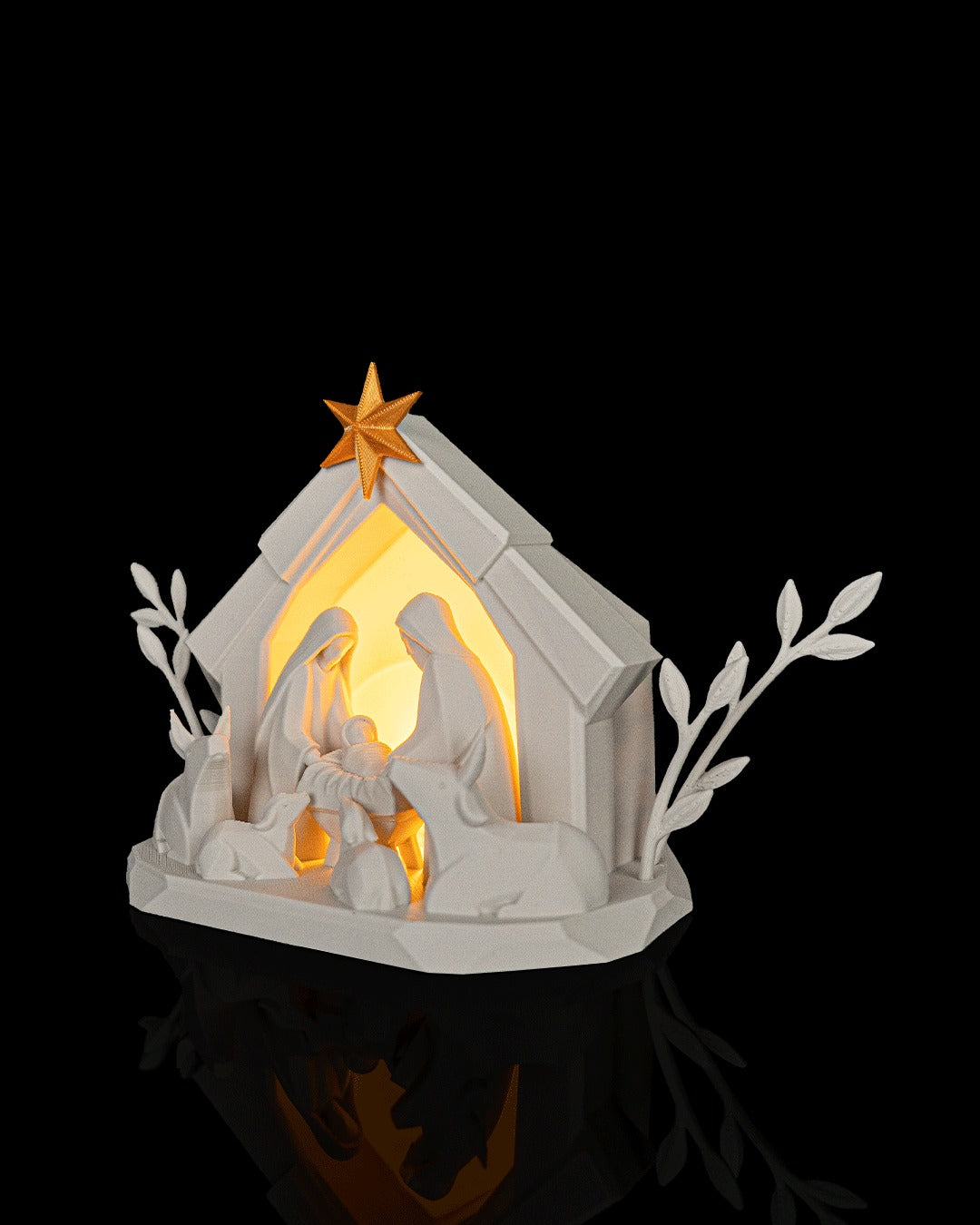Nativity Scene Table Lamp — lit, angled view with star