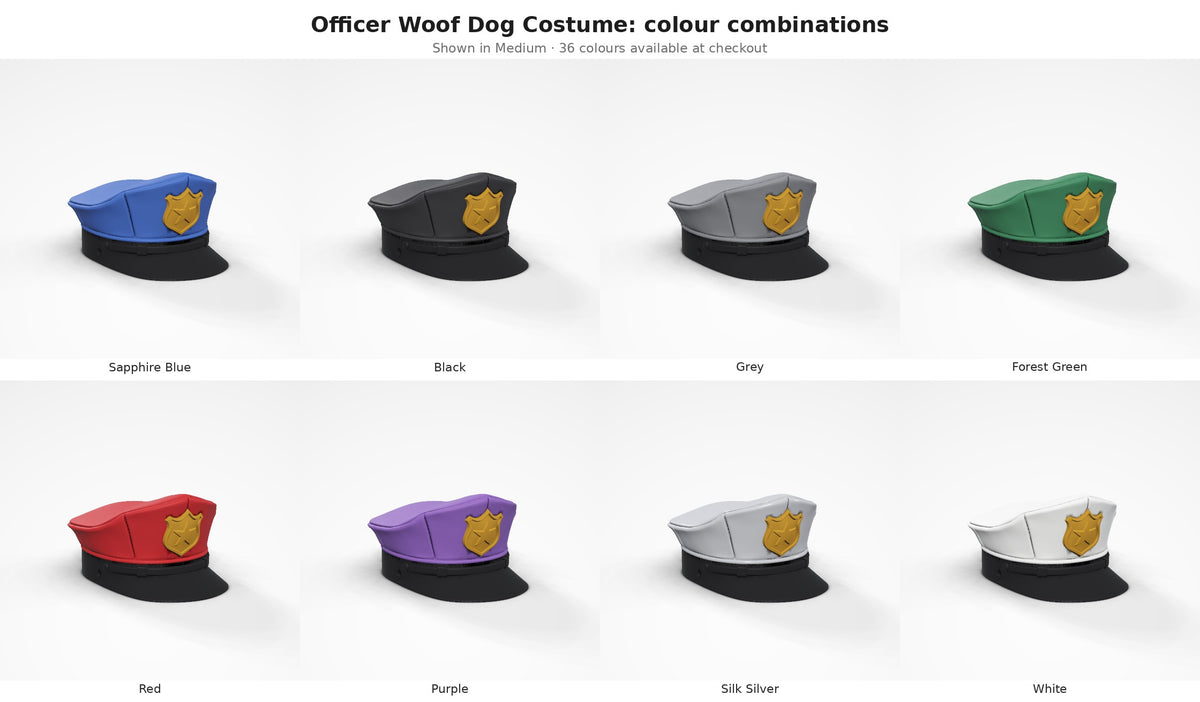 Officer Woof Dog Costume — colour combinations grid