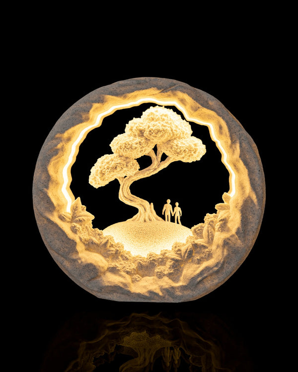 Our Journey Table Lamp — glowing warm, front view