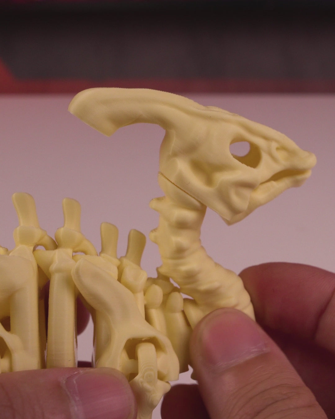 Parasaurolophus skeleton articulated 3D print in motion — poseable dinosaur figurine flexing