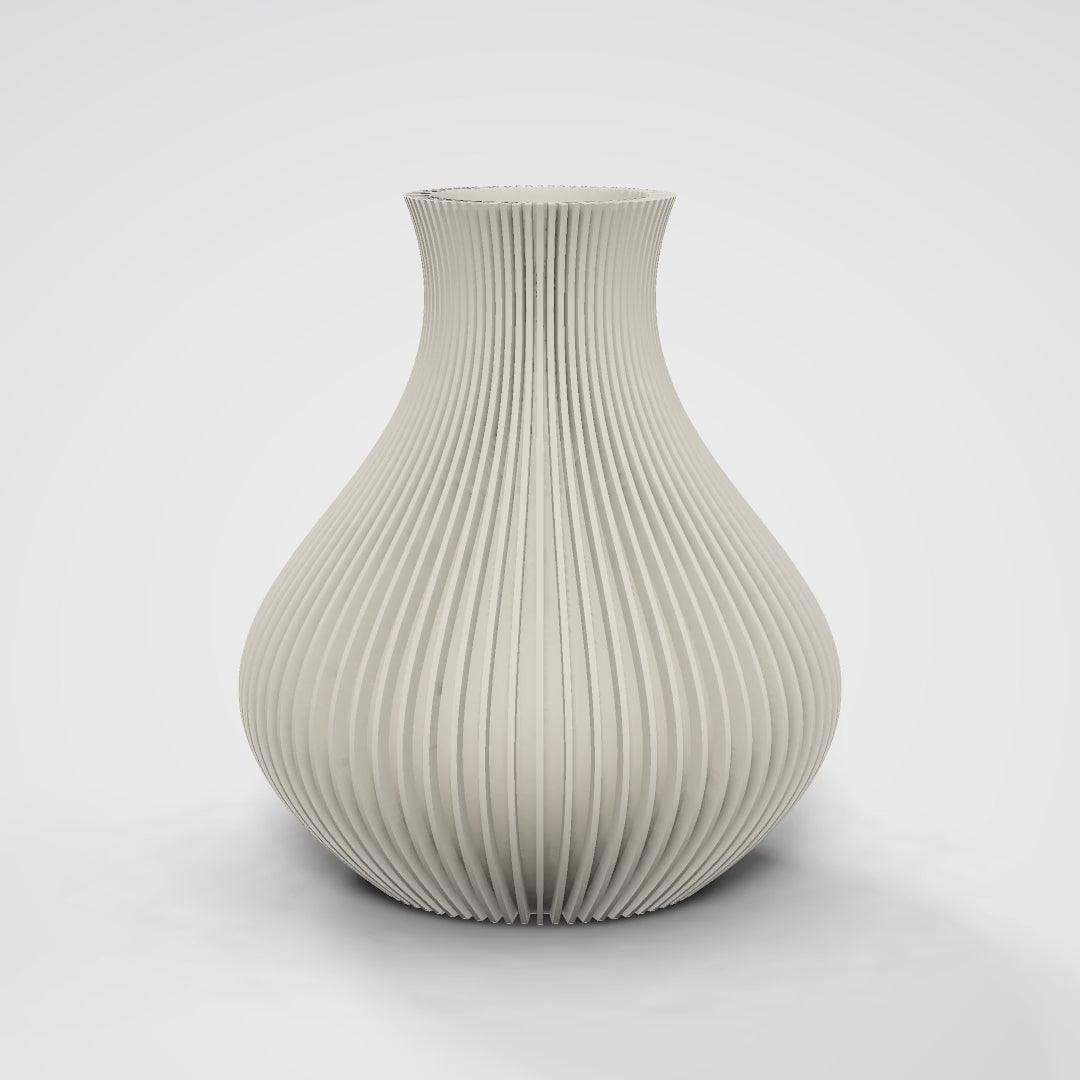 Ribbed Bulb Vase — 360° turntable spin in matte cream on a white studio background
