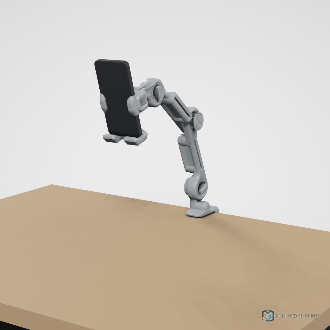 Link-A-Link Desk Phone Arm Kit, assembled on a desk with a phone mounted – 360-degree turntable video