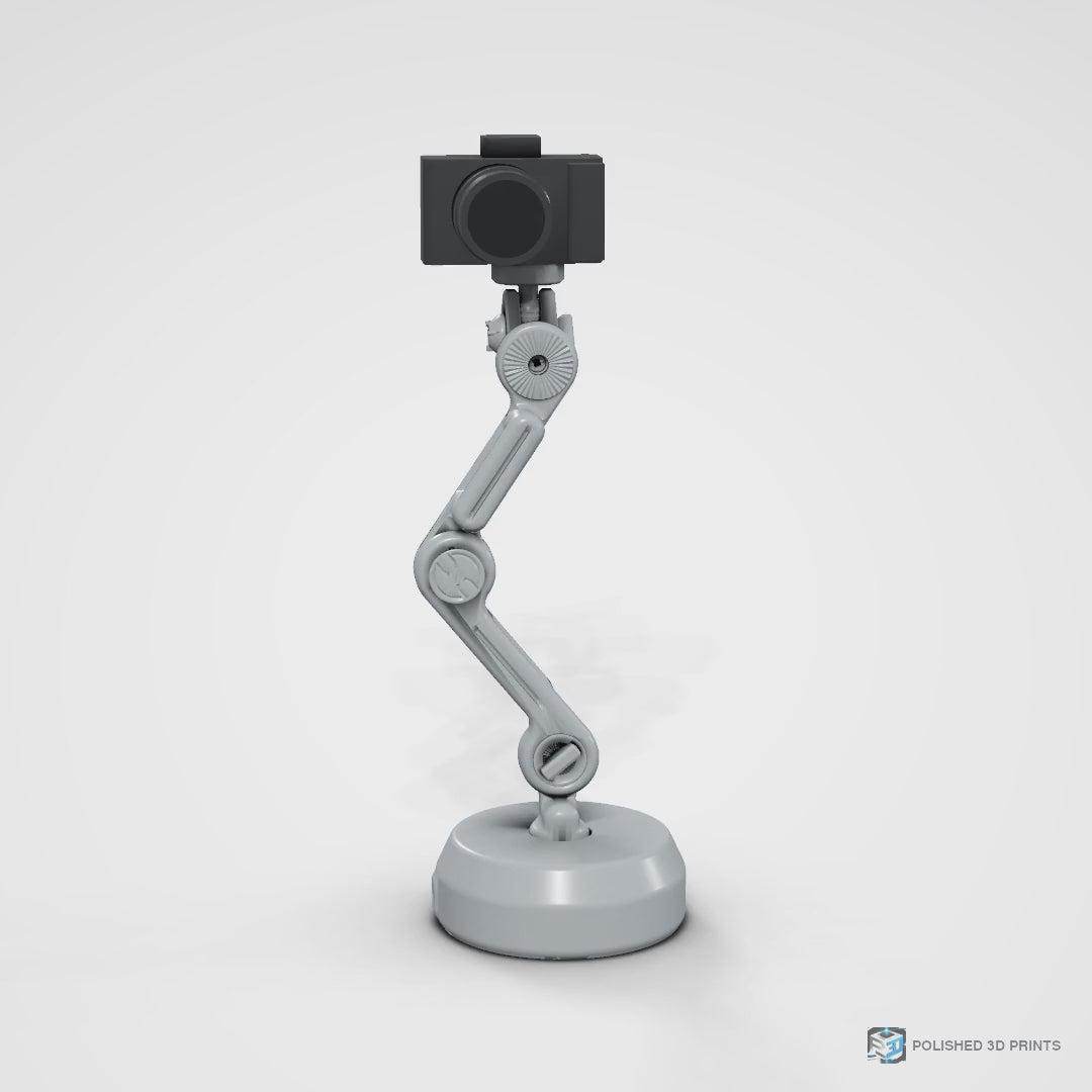 Link-A-Link Camera Arm Kit, assembled on its weighted base holding a camera – 360-degree turntable video