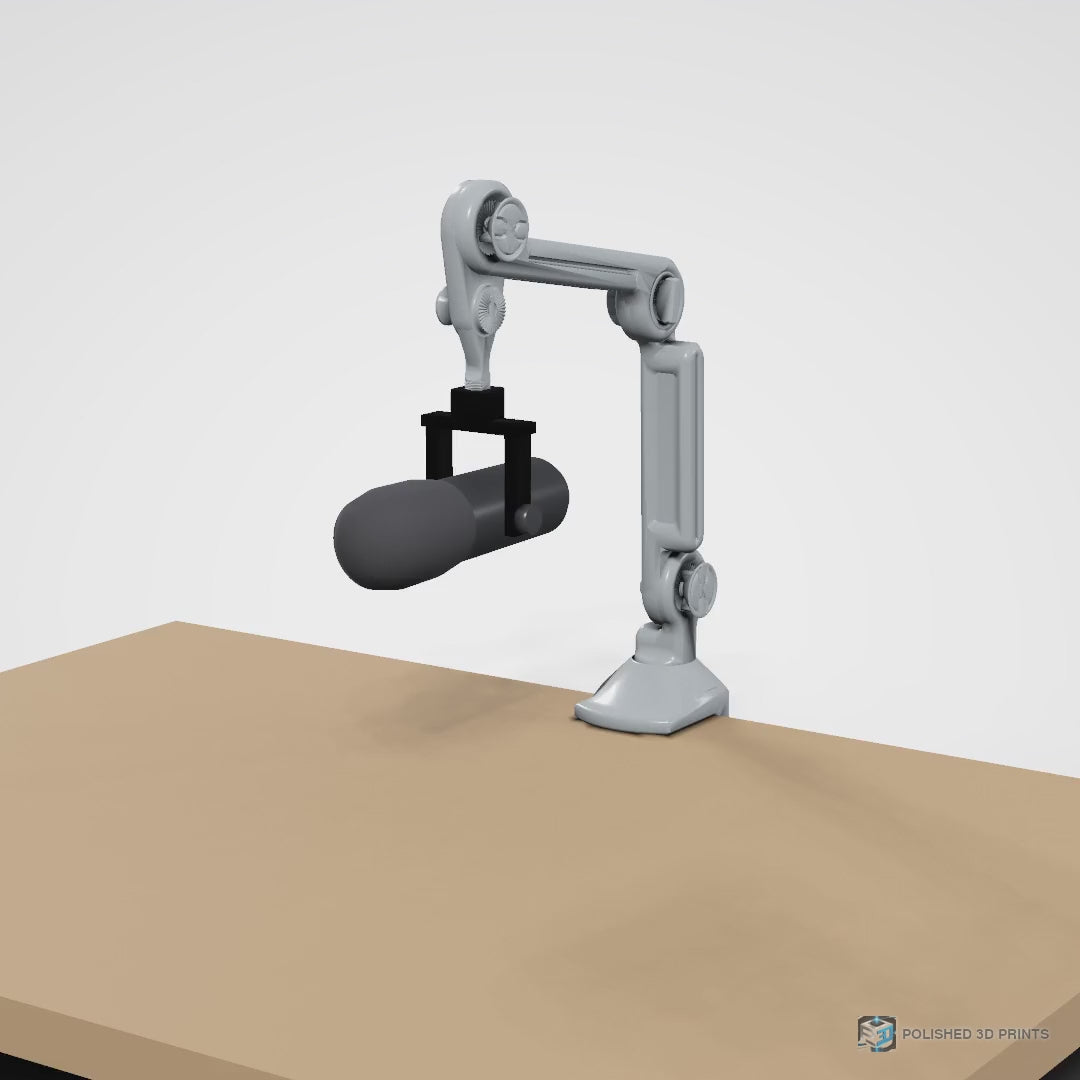 Link-A-Link Mic Arm Kit, assembled clamped to a desk holding a microphone – 360-degree turntable video