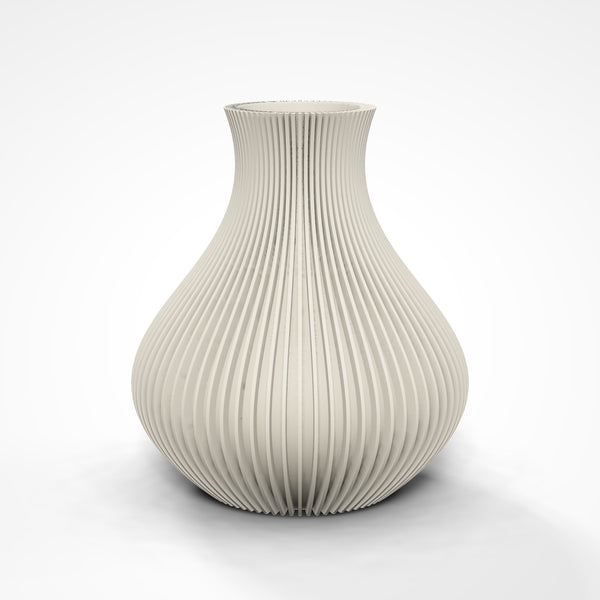 Ribbed Bulb Vase — hero three-quarter view in matte cream on a white studio background
