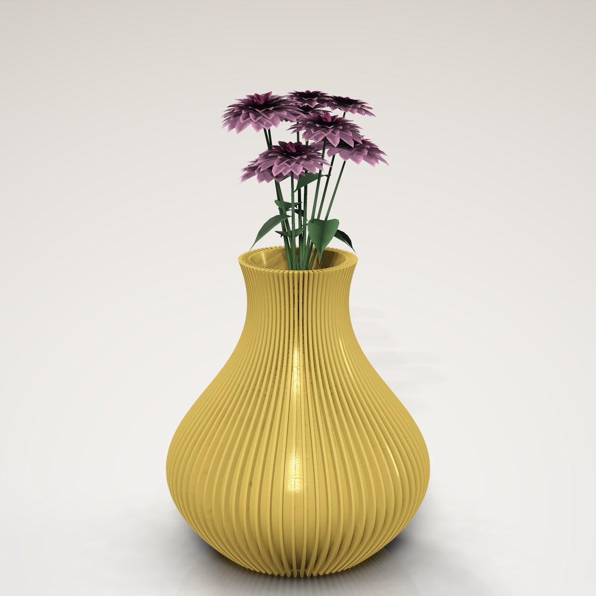 Ribbed Bulb Vase — Silk Gold vase styled with a bouquet on a warm gradient background