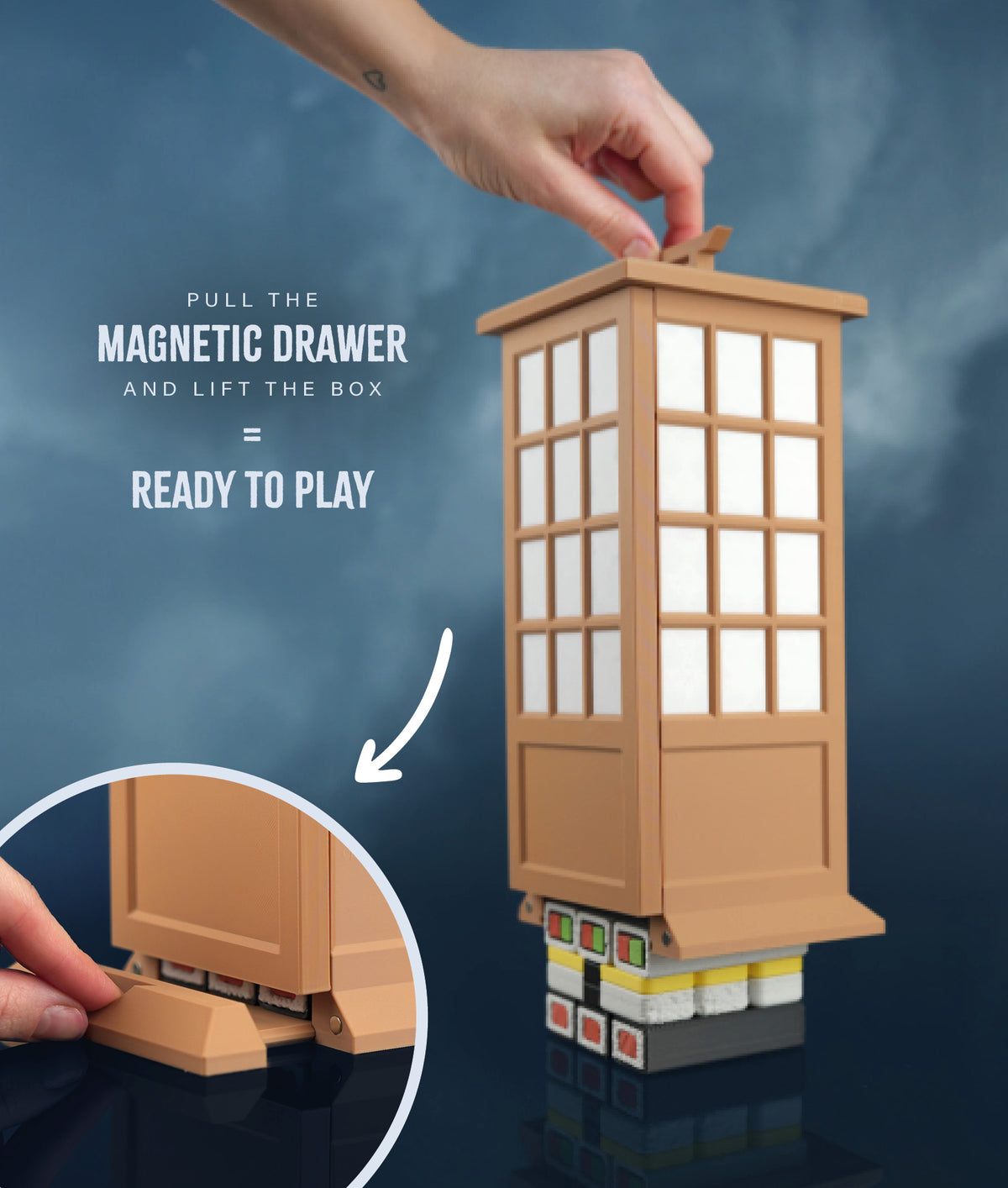 Sushi Stack Shoji Box — pulling the drawer and lifting the box off the tower