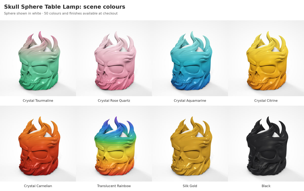 Skull Sphere Table Lamp — flaming skull shown in eight colours and finishes with the sphere in white
