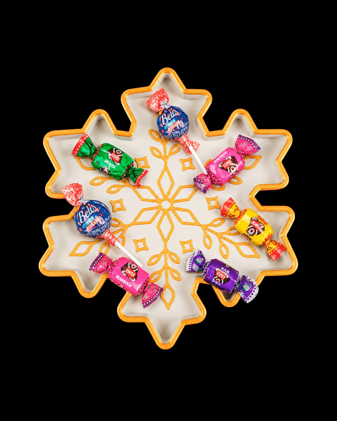 Snowflake Tray — filled with wrapped candy and lollipops