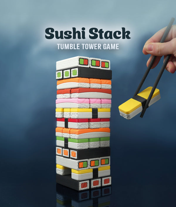 Sushi Stack Tumble Tower Game — full tower with chopsticks pulling a Tamago stone