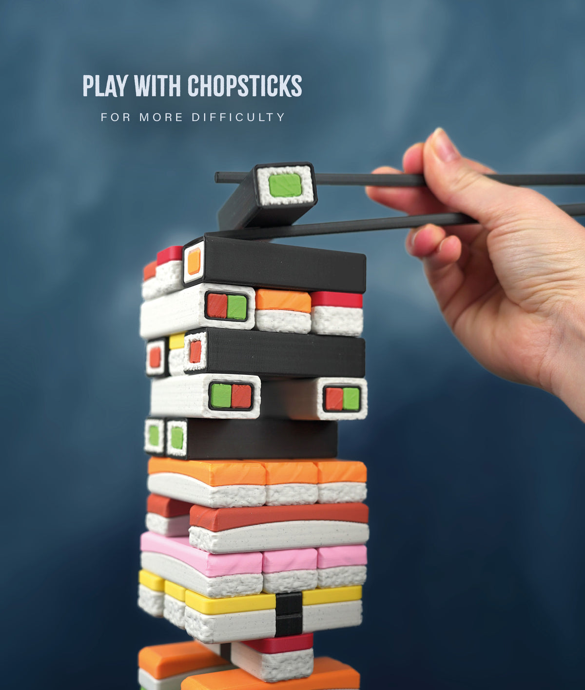 Sushi Stack Tumble Tower Game — playing with the printed chopsticks