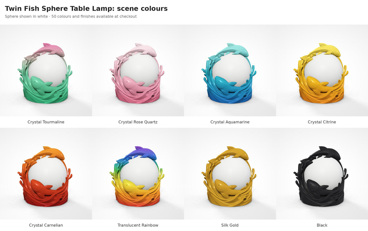 Twin Fish Sphere Table Lamp — koi shown in eight colours and finishes with the sphere in white