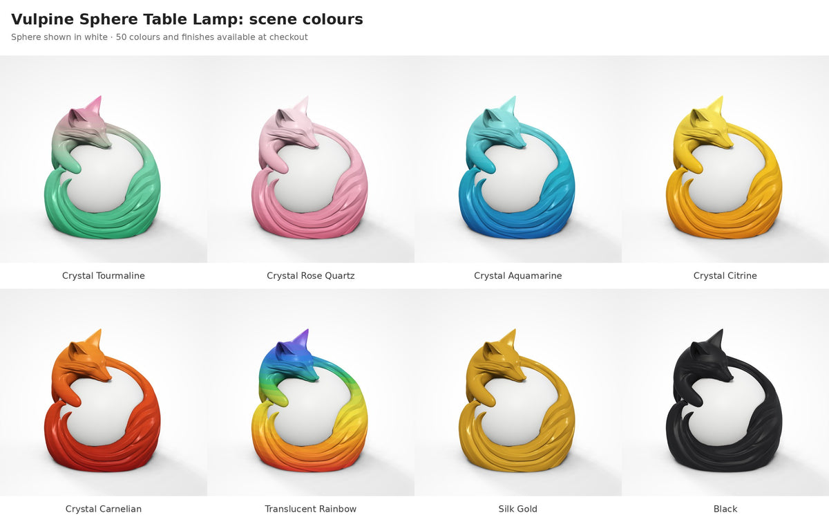 Vulpine Sphere Table Lamp — fox shown in eight colours and finishes with the sphere in white