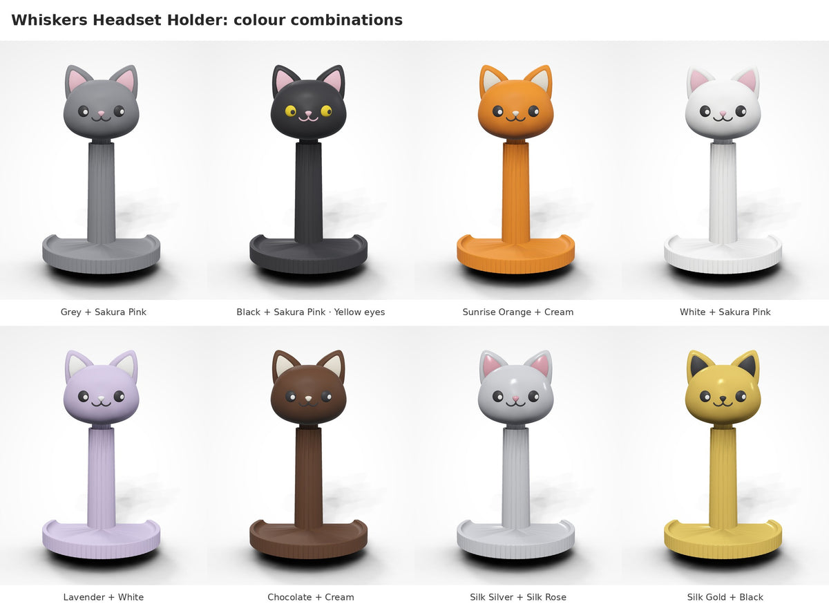 Whiskers — a cat-shaped 3D-printed headphone stand — eight colour combinations: grey, black, orange, white, lavender, chocolate, silk silver and silk gold