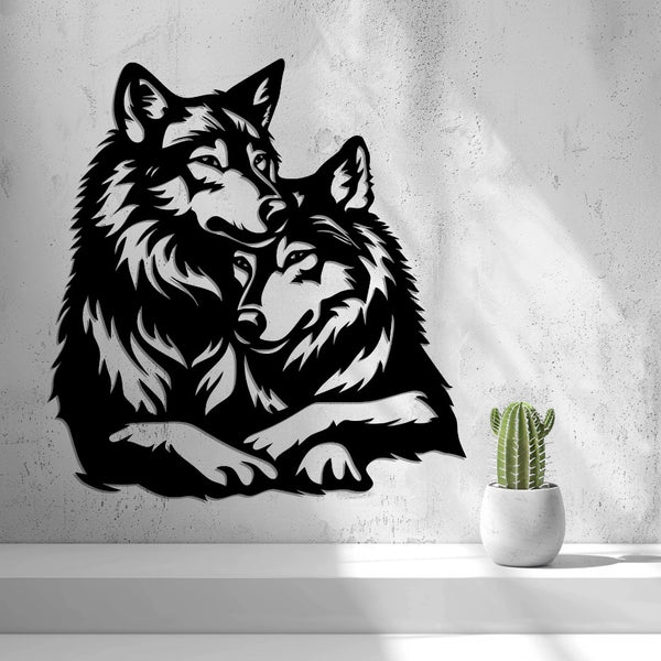 Wolf Couple Wall Art — shown in black on a wall